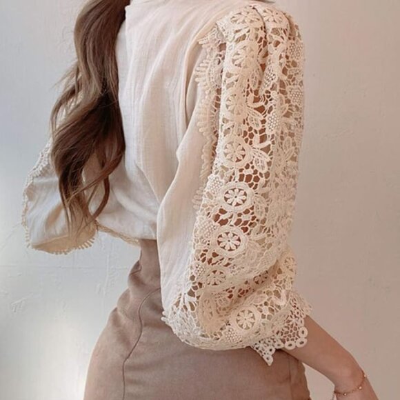 VICTORIAN BEAUTY Crochet Lace Mock Neck Pearl Button Down Blouse NEW - Picture 10 of 11
